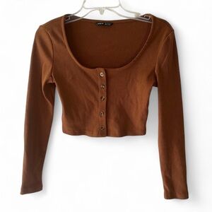 SHEIN LONG SLEEVE KNIT BUTTON DOWN BROWN STRETCH CROP TOP SIZE SMALL